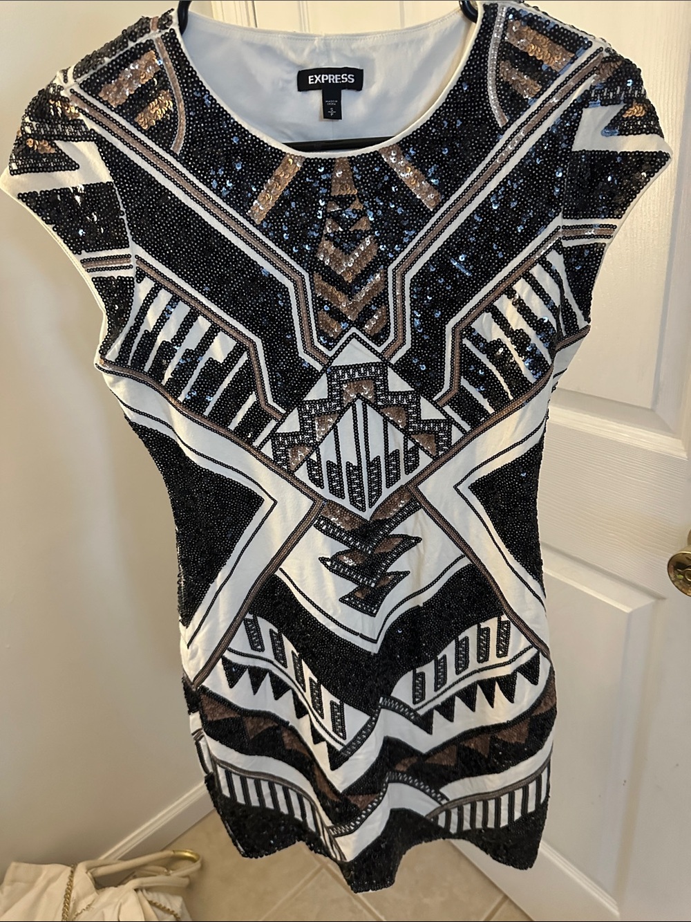 Express White, Black & Bronze Sequin Geo Bodycon Mini Dress